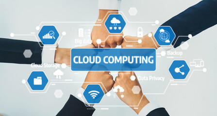Hands stacked in unity symbolize collaboration in cloud computing, highlighted by digital icons...