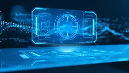 Futuristic blue digital interface with data visualization and abstract wave particles. Innovative technology concept as a video footage. - Powered by Adobe