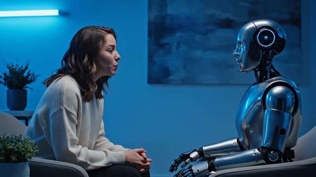 Woman conversing with an artificial intelligence robot during an interview or therapy session concept footage.