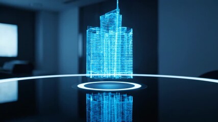 Blue hologram of skyscraper model on a glowing futuristic table. Smart city infrastructure plan. Digital modern architecture engineering footage.