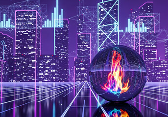 Futuristic cityscape with glowing orb reflecting neon lights and financial data visualizations