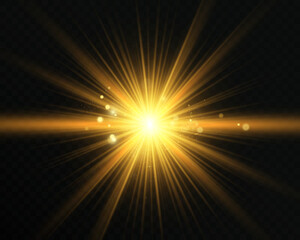 Bright glowing golden light flare with rays and lens reflection on dark background.
