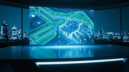 Digital airport map on a large screen in a modern control room at night with city lights. Air traffic control technology footage. - Powered by Adobe