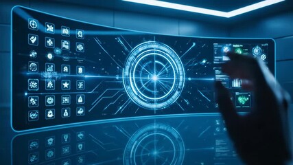 Man interacts with futuristic interface, touching holographic display with various applications and data visualization. Advanced control panel footage. - Powered by Adobe