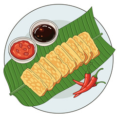 Tempeh skewers on banana leaf with chili pepper and dipping sauces on plate top view illustration