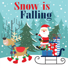 Christmas card with santa, sleigh and reindeer