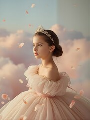 Elegant Young Princess in Sculptural Gown with Floating Petals and Soft Pastel Clouds