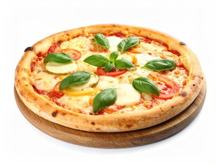 Delicious Margherita Pizza with Fresh Basil on Wooden Board.