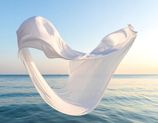 A white cloth billows against the light-blue sky and a sea with gentle waves, bathed in sunlight from the horizon