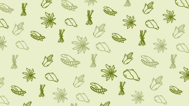 Seamless Green Vegetable Pattern with Hand-Drawn Corn and Pea Illustrations on Light Background