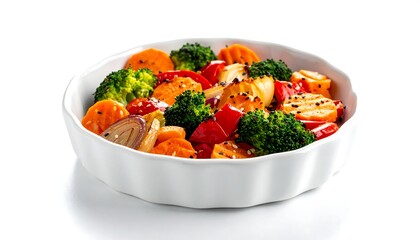 A white dish holds a medley of cooked broccoli, carrots, onions, and peppers on a white background