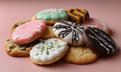 A variety pack of cookies featuring chocolate chip, snickerdoodle, and other cookie styles, each decorated with unique icing designs