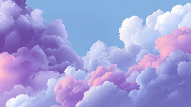 Fototapeta Layers of pastel clouds form serene sky illusion. Soft purples, blues, and pinks dominate, creating dreamy atmosphere. Smooth gradient transitions enhance visual calm. Neural network AI generated