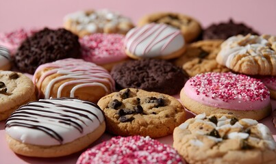 A variety pack of cookies featuring chocolate chip, snickerdoodle, and other cookie styles, each decorated with unique icing designs