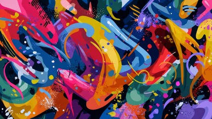 Dynamic graffiti artwork bursts with vibrant colors and bold shapes. Expressive brushstrokes create lively urban energy with dark backdrop. Neural network AI generated