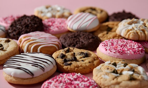 A variety pack of cookies featuring chocolate chip, snickerdoodle, and other cookie styles, each decorated with unique icing designs