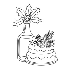 Christmas Holly and Pinecone Decor with Cake and Bottle Line Art for Holiday Coloring Pages, Crafts, and Decorations