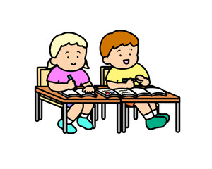 教科書を見る隣とペア　白人ペア