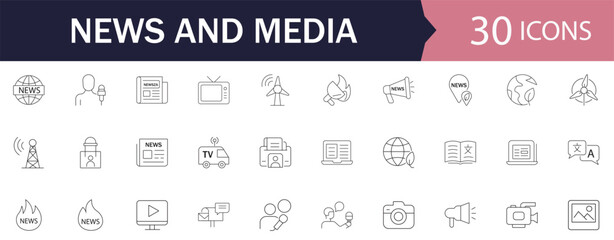 News and Media Line Icon set. Features icons of Newspaper, interview, TV, global, and information. Perfect for websites, journalism apps, and online publication.