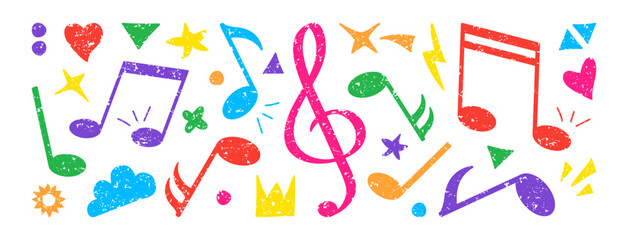 Note music crayon set, shape paint brush hand drawn, melody color chalk pencil, sound kid doodle grunge texture. Pastel scribble set. Childish colorful stroke isolated on white bg. Vector illustration