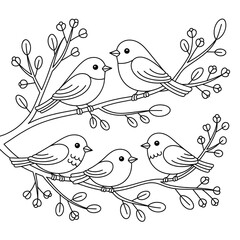 Whimsical Birds on Branches Line Drawing for Coloring Pages, Crafts, and Nature-Themed Art