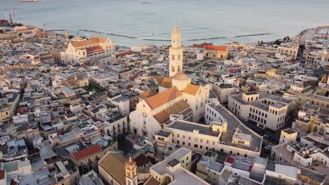 Aerial View of Bari Old Town and Basilica di San Sabino at Sunset with Narrow Streets and Alleys, Italy