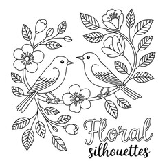 Floral Silhouettes with Birds and Flowers for Coloring Pages, Crafts, and Botanical Art