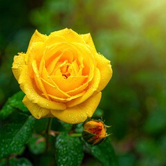 Radiant Yellow Rose Blossom with Dew Drops in Natural Light.