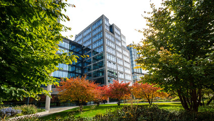 Modern office district in the city center. New glass high-rise buildings with a pedestrian walkway...