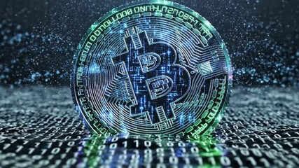 Glowing digital coin floats above binary code, emitting particles, in a futuristic, abstract rendering - Powered by Adobe