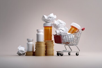 Editorial-style digital art of a shopping cart overflowing with prescription pill bottles and crumpled medical bills, perched atop stacks of gold coins, capturing the burden of drug expenses, soft