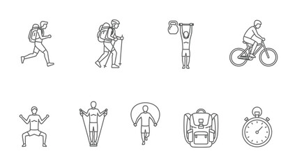 Fototapeta premium Fitness Activity Icons: A dynamic collection of minimalist line icons captures the essence of diverse fitness activities, from running and hiking to cycling and strength training.