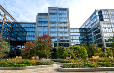 Glass office buildings in the city center. Business district with corporate headquarters. Modern architecture with pedestrian walkways with trees and urban greenery.