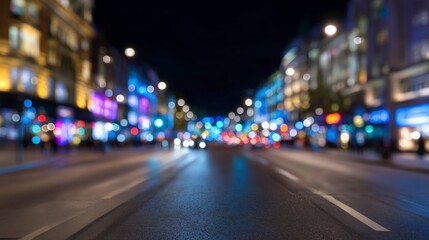 Obraz premium Slightly blurred panoramic view of a city high street at night with colorful glowing lights