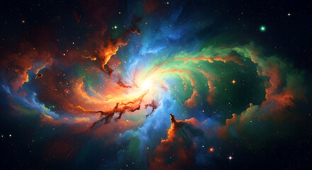 Fototapeta premium Vibrant cosmic nebula with glowing stars and interstellar gas clouds abstract space
