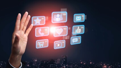 Icons representing social media interaction, communication, and engagement. Social media builds community, social media drives connection, and social media influences behavior. Marrow