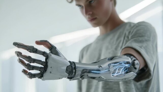 A teenager with a cutting edge bionic arm explores its movement and technology, symbolizing the future of prosthetics. The image captures curiosity and the merging of humanity with robotics