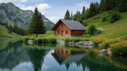 Fototapeta premium Serene Alpine Lake Reflecting a Cozy Wooden Cabin Amidst Lush Meadows and Majestic Mountains in a Tranquil Natural Setting