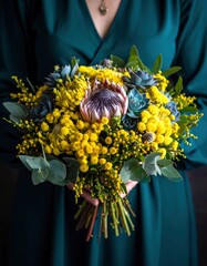 Elegant Bouquet of Yellow Mimosa and Protea Held by a Woman.