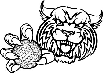 A wildcat or bobcat with golf ball sports team cartoon animal mascot