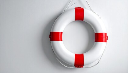 A white life preserver with red stripes hangs on a plain light gray wall, casting soft shadows