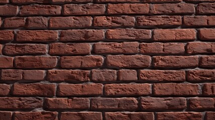 Fototapeta premium Close-up view of red brick wall with prominent texture and warm lighting. Horizontal alignment creates rhythmic pattern. Background displays muted grout. Neural network AI generated