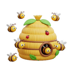 Cartoon beehive with friendly bees and ladybugs