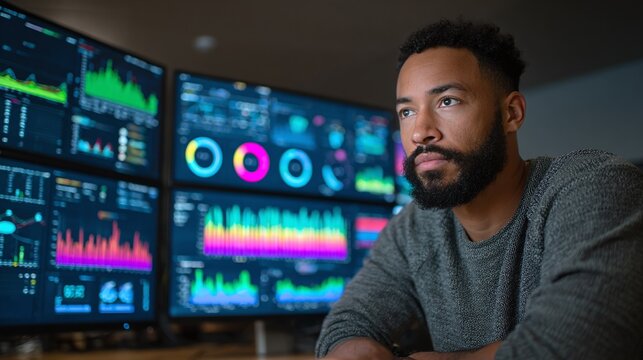 Focused data analyst reviews real-time analytics and trends displayed across multiple monitors in a tech-driven office environment, ensuring optimal system performance.