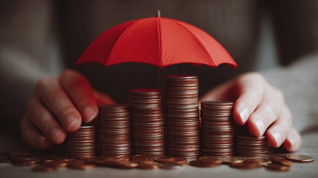 Protect your savings with a safety net, ensuring financial security. The red umbrella symbolizes protection over your assets. Saving money is a wise decision.