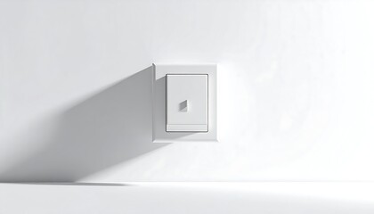 A white light switch on a white wall casts a long shadow onto the white floor in a minimalistic composition