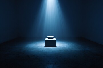 Minimalist composition with a single pill on a pedestal under a bright spotlight, surrounded by darkness, with a prominent price tag, concept of focal importance on drug pricing, monochrome blue and