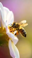 Honeybee on White Dahlia - A Close-Up of Pollination.