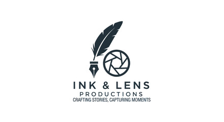 Creative logo design featuring a quill pen and camera lens aperture.