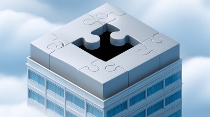 Surreal composition of a hospital building made of giant puzzle pieces, one key piece missing to reveal a dark void inside, bright daylight setting, representing gaps and inefficiencies in the
